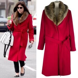Talbots Wool Blend Belted Long Coat Removable Fur Collar Red Size 6